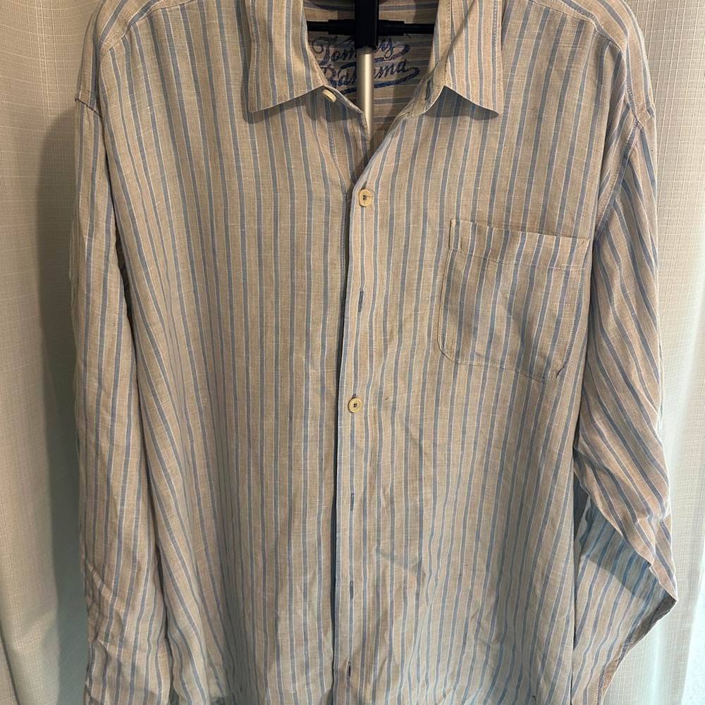 Tommy Bahama Men’s Linen Long Sleeve Blue Gray Stripe Button Down XXL